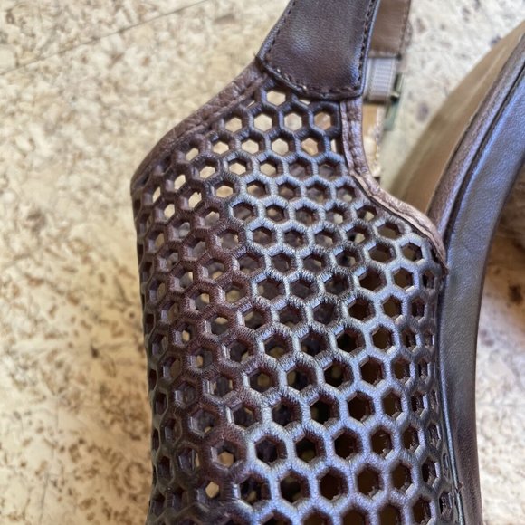 Classic brown perforated leather high heel platform Espadrilles sandals 8 38 NEW - Picture 6 of 9